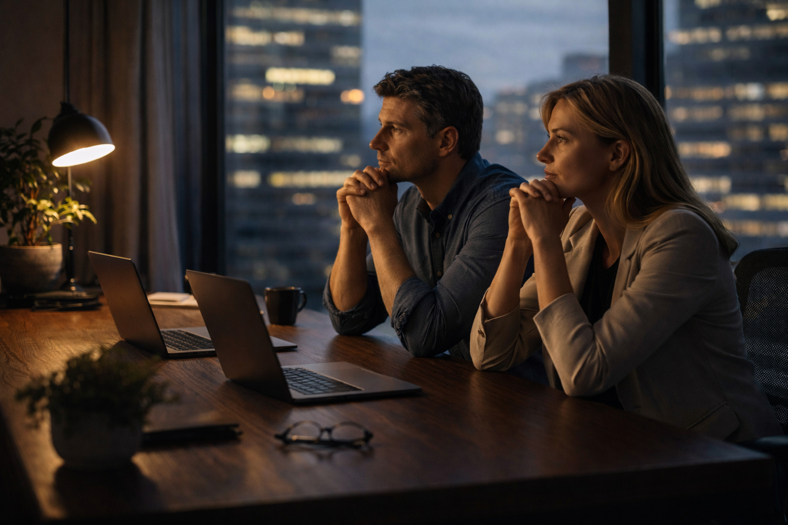 A founder and CEO at a desk, looking out at the city at dusk, weighing what comes next