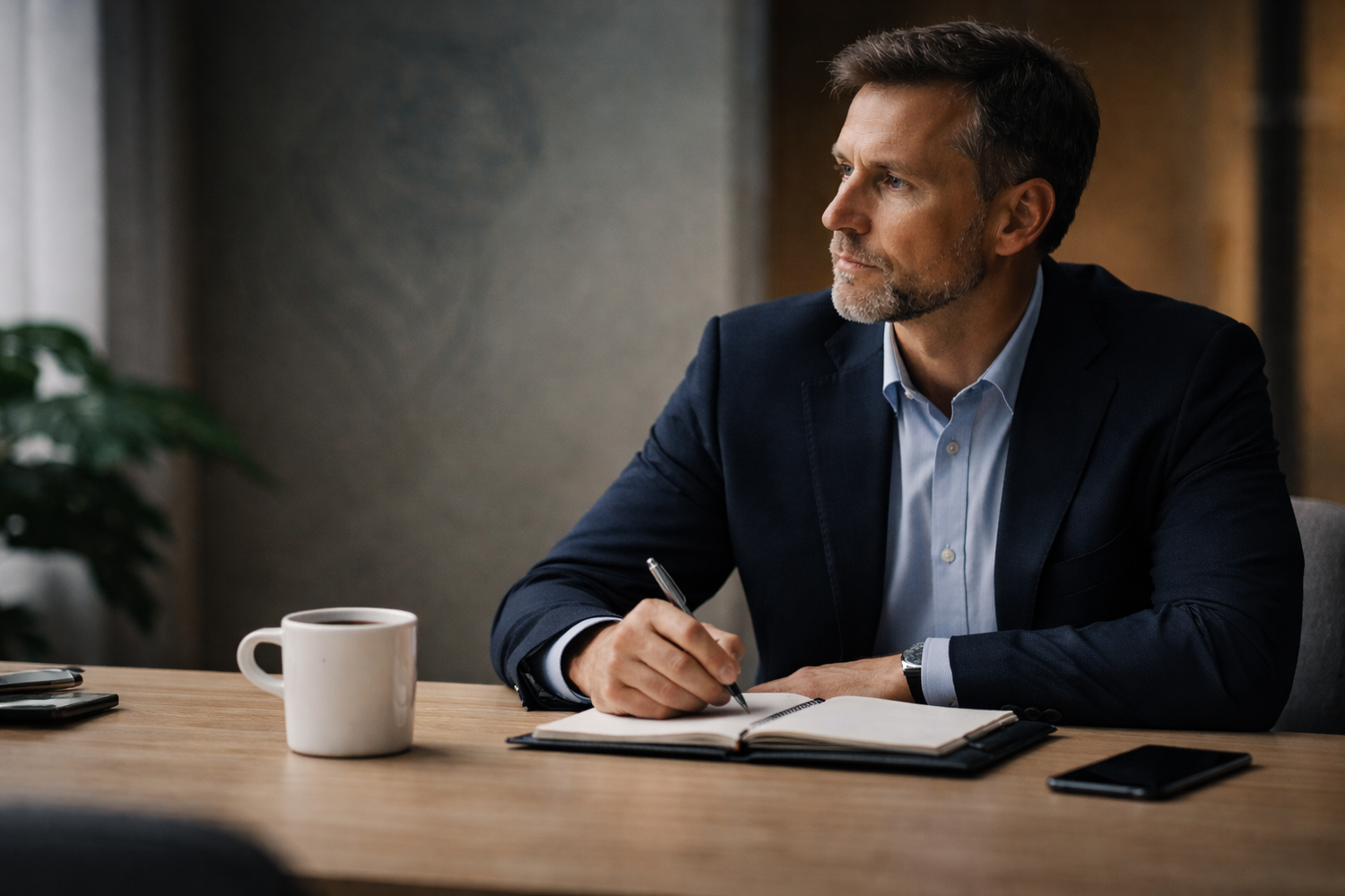 An executive thinking over a notebook, pencil in hand